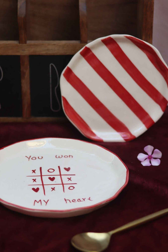 Set of 2 - You won my heart snack plate & Red striped dessert plate combo