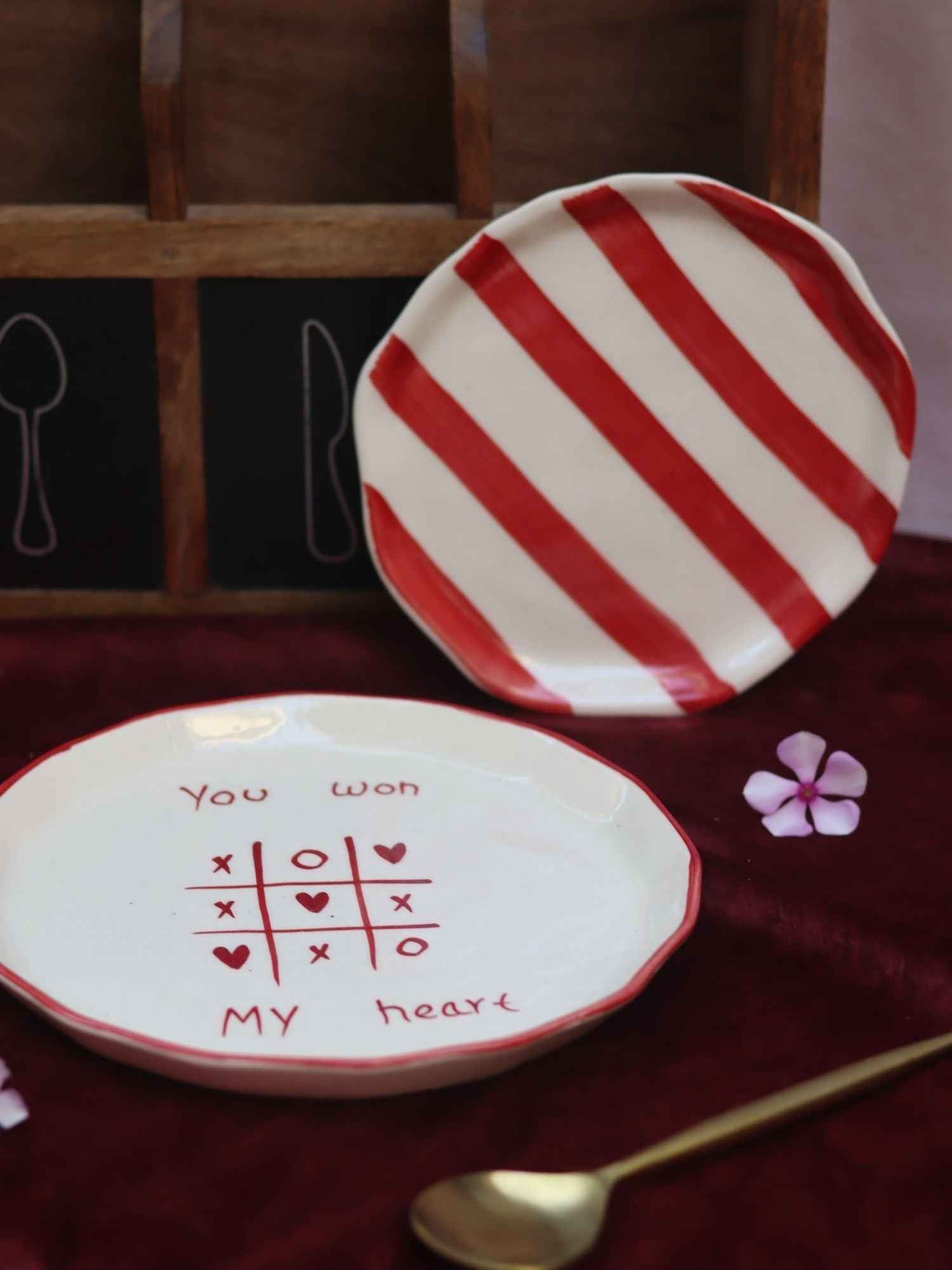 Set of 2 - You won my heart snack plate & Red striped dessert plate combo