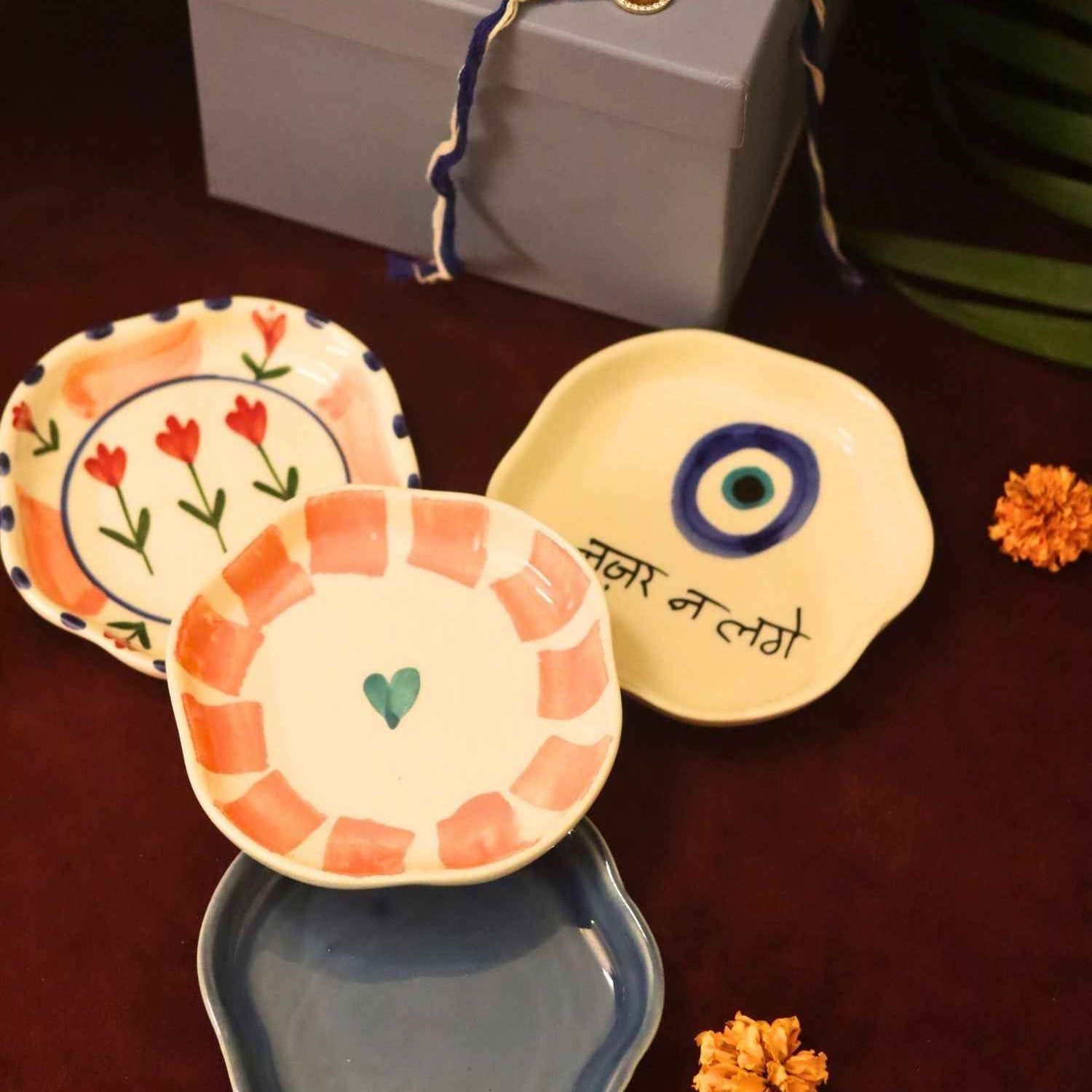 Set of 4 - Nazar, Striped heart, Peony & Metallic Blue handmade dessert plate combo rakhi Gift box