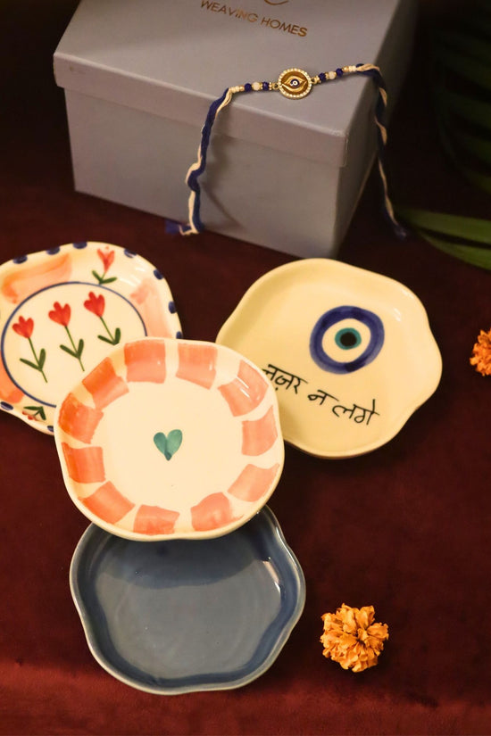 Lead free Set of 4 - Nazar, Striped heart, Peony & Metallic Blue handmade dessert plate combo rakhi Gift box