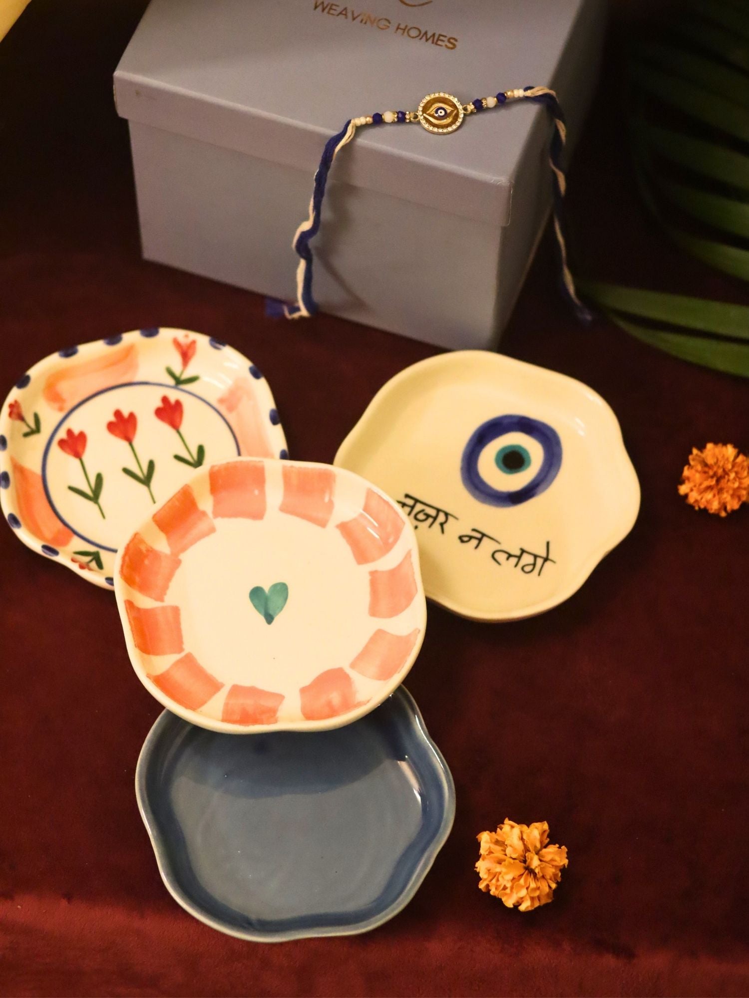 Lead free Set of 4 - Nazar, Striped heart, Peony & Metallic Blue handmade dessert plate combo rakhi Gift box