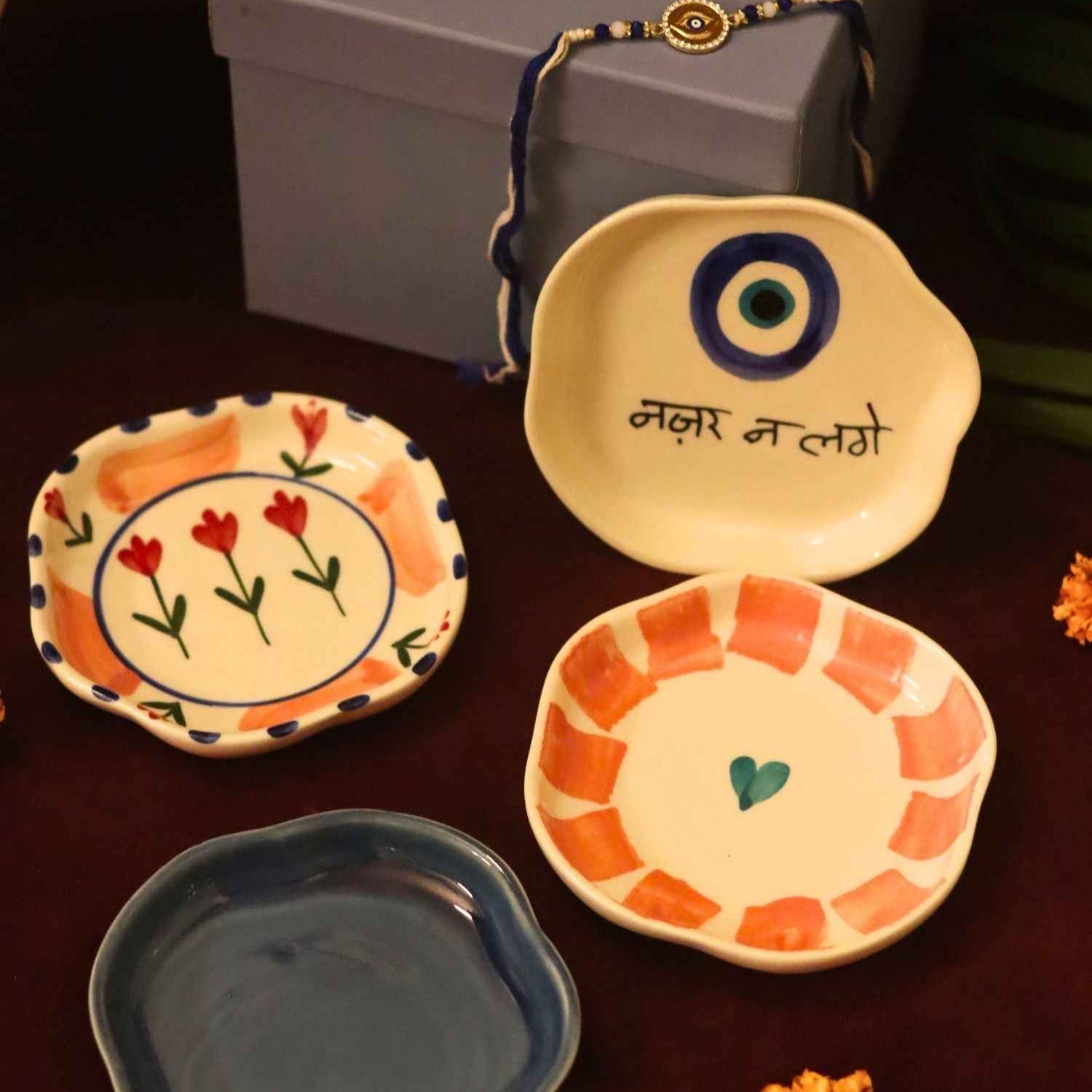 Set of 4 - Nazar, Striped heart, Peony & Metallic Blue handmade dessert plate combo rakhi Gift box