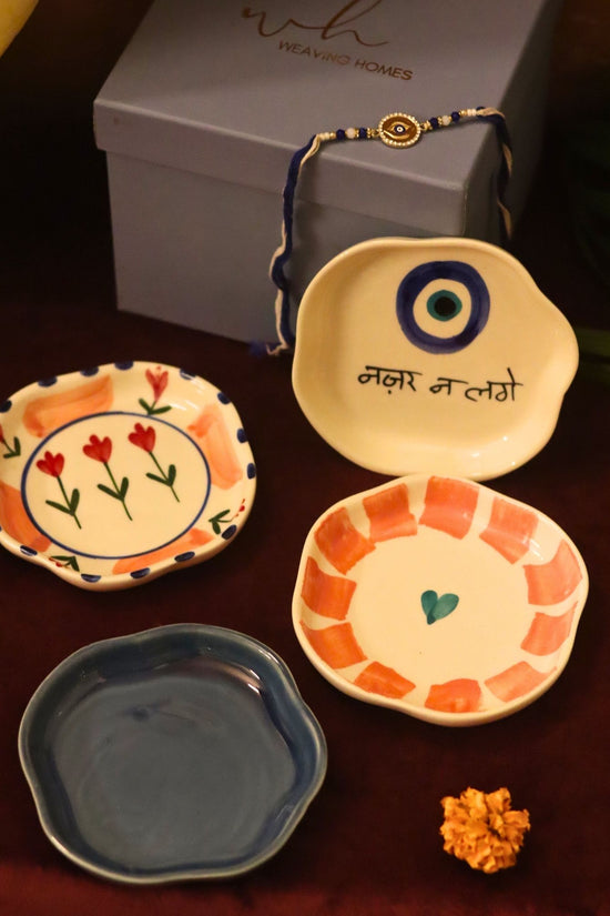 Set of 4 - Nazar, Striped heart, Peony & Metallic Blue handmade dessert plate combo rakhi Gift box made by ceramic