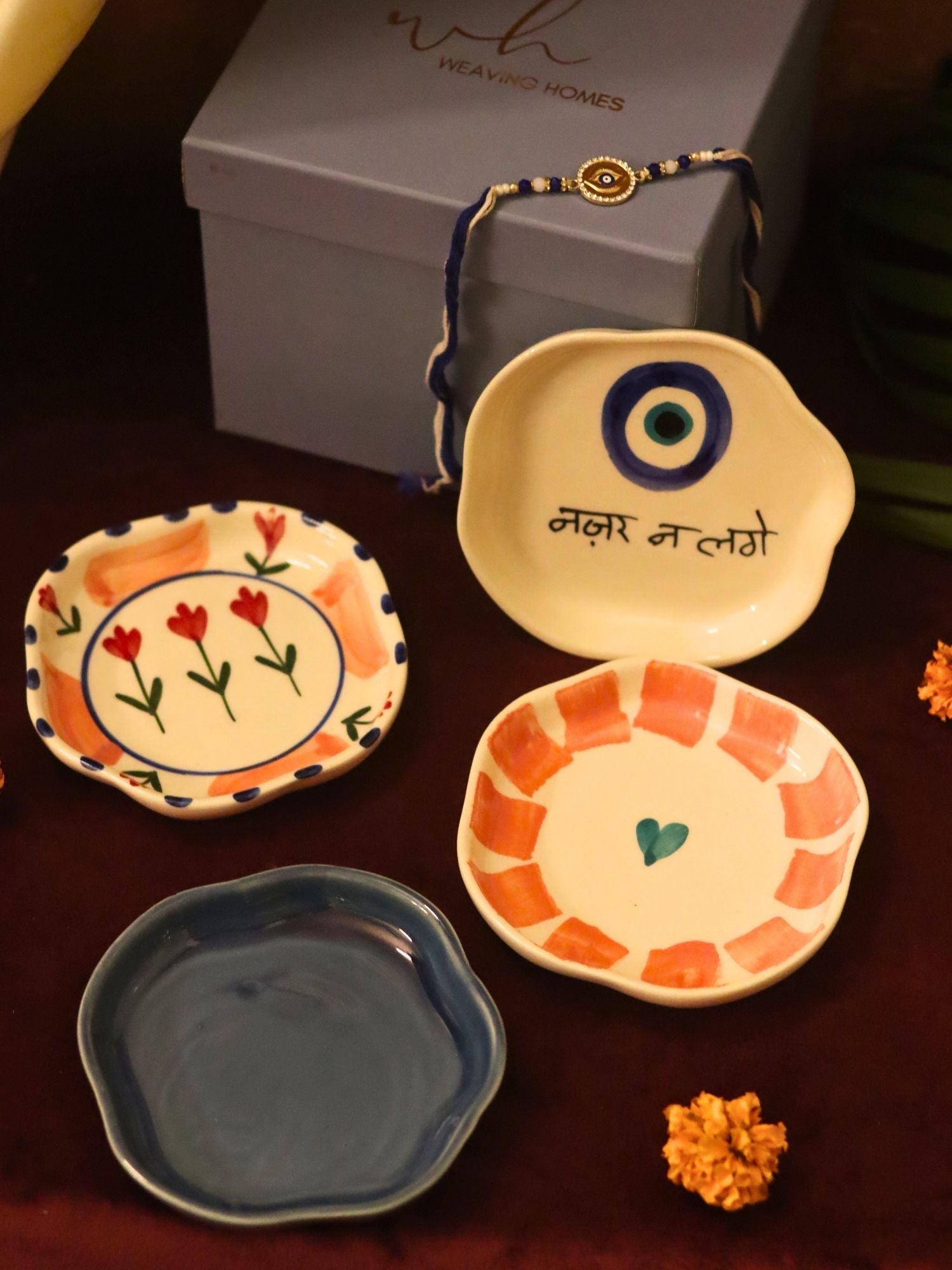 Set of 4 - Nazar, Striped heart, Peony & Metallic Blue handmade dessert plate combo rakhi Gift box made by ceramic