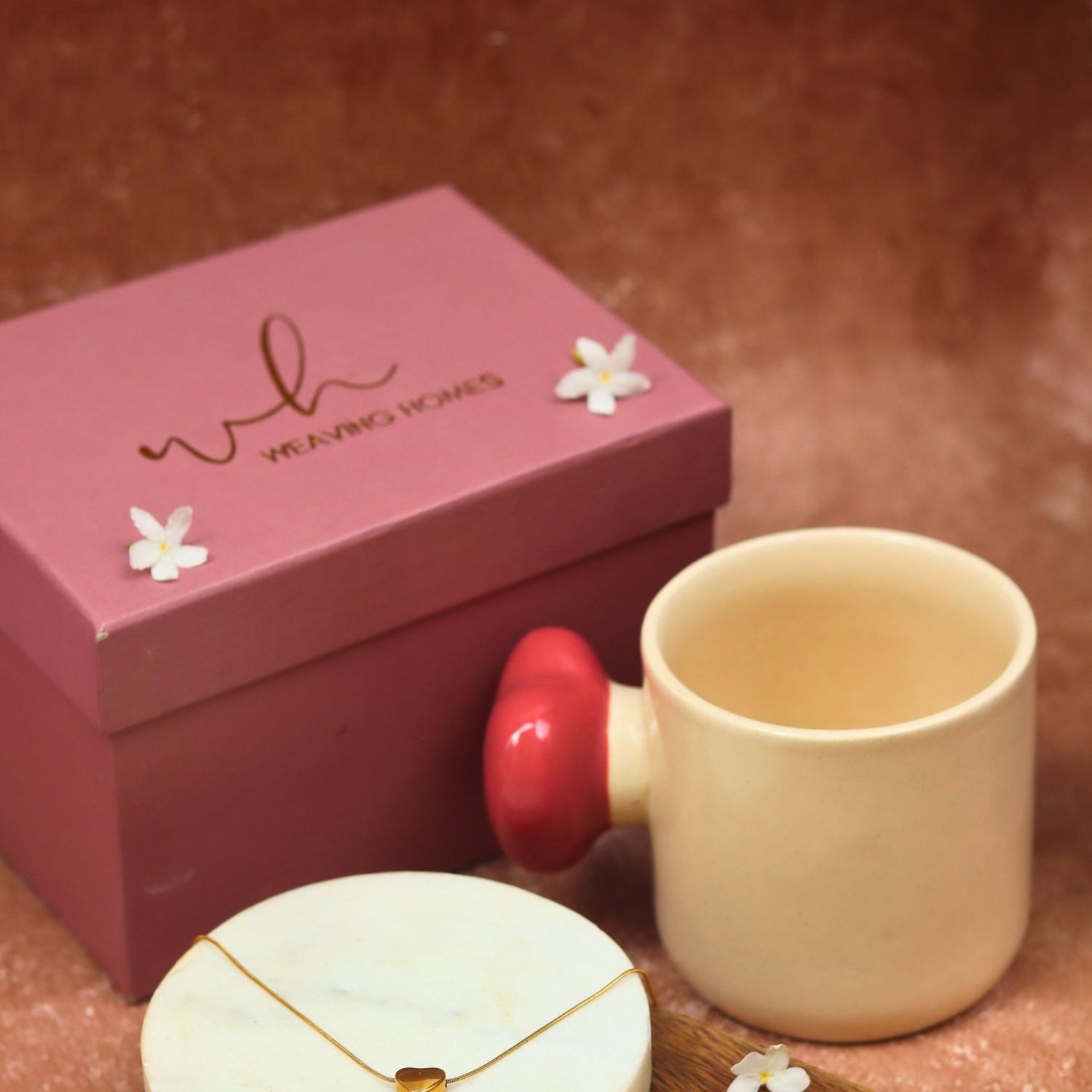 Red Heartbeat Karva Chauth hamper with a handmade mug and beautiful necklace set