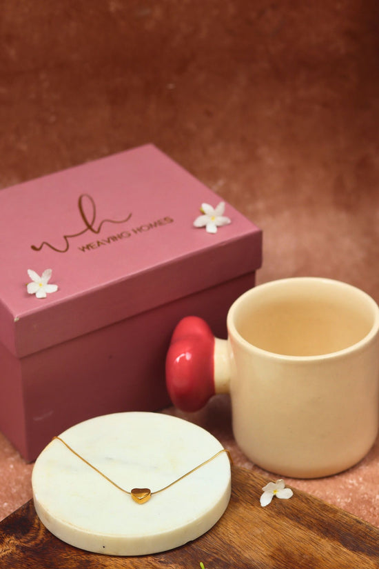 Red Heartbeat Karva Chauth hamper with a handmade mug and beautiful necklace set