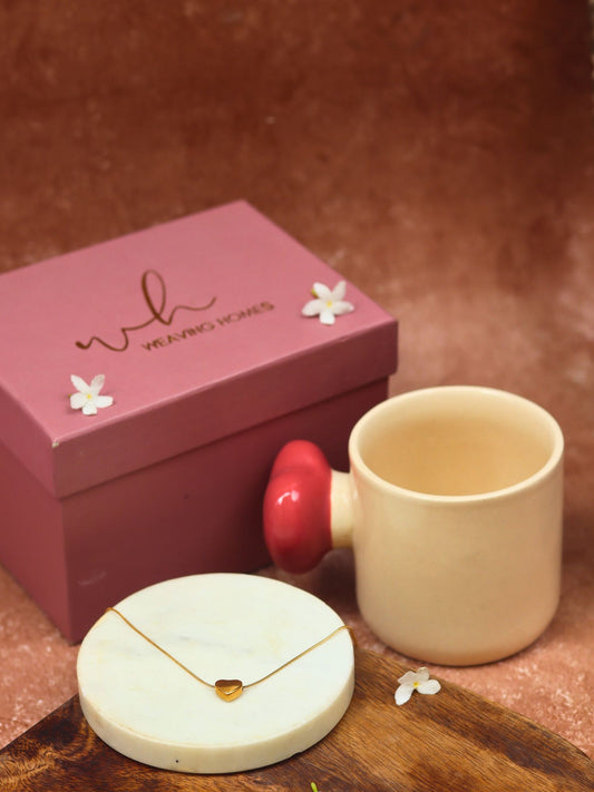 Red Heartbeat Karva Chauth hamper with a handmade mug and beautiful necklace set