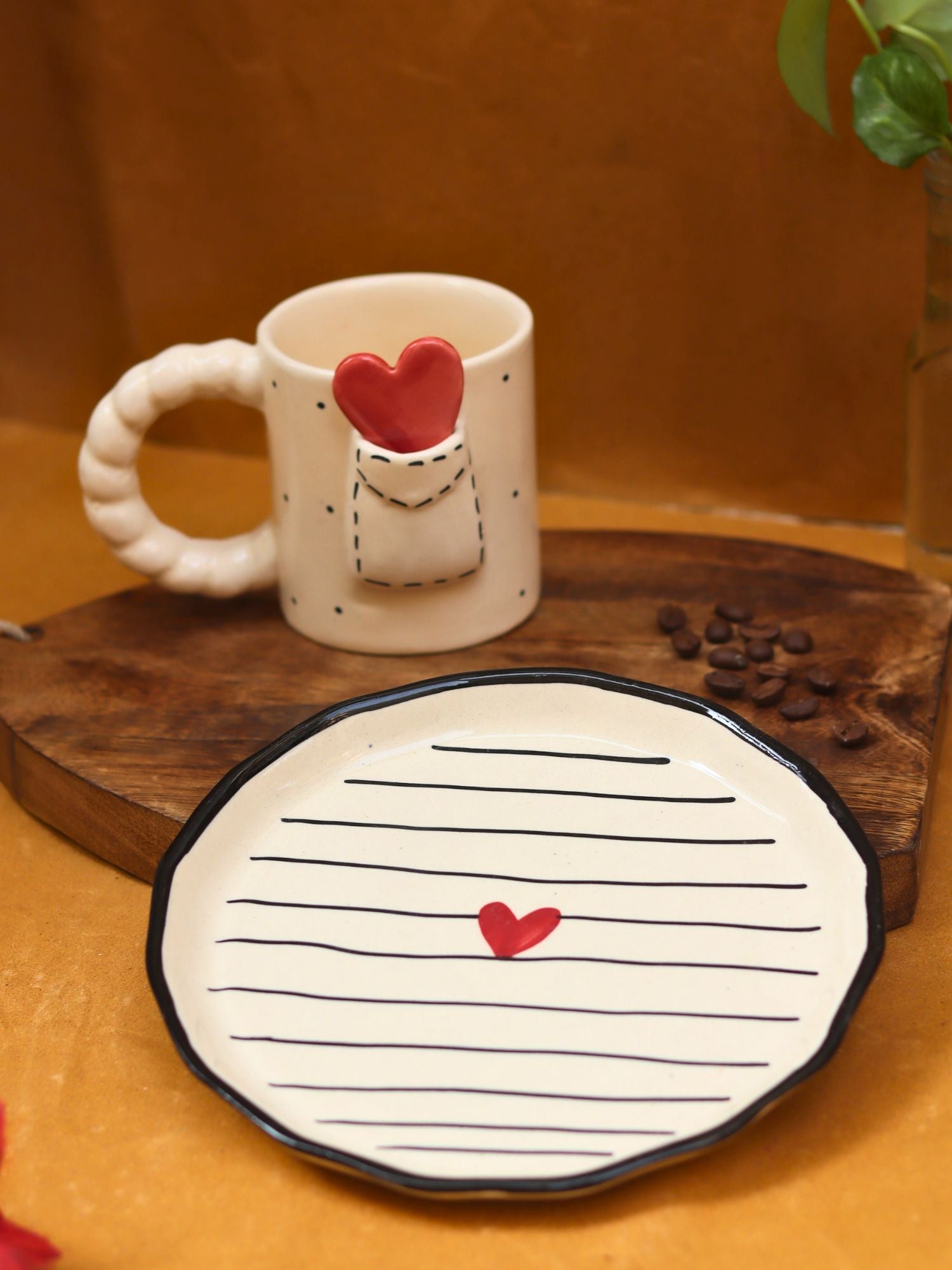 Set of 2 - Love letter Mug & Striped heart Snack plate combo handmade in India