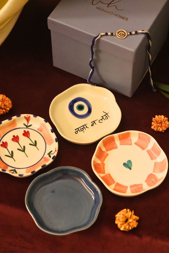 Set of 4 - Nazar, Striped heart, Peony & Metallic Blue handmade dessert plate combo rakhi Gift box with premium quality material