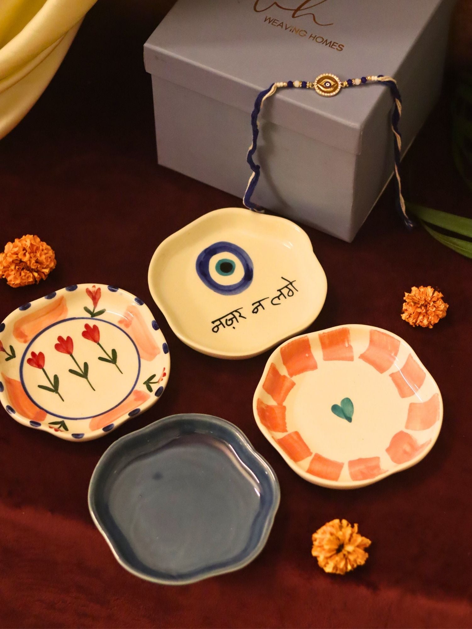 Set of 4 - Nazar, Striped heart, Peony & Metallic Blue handmade dessert plate combo rakhi Gift box with premium quality material