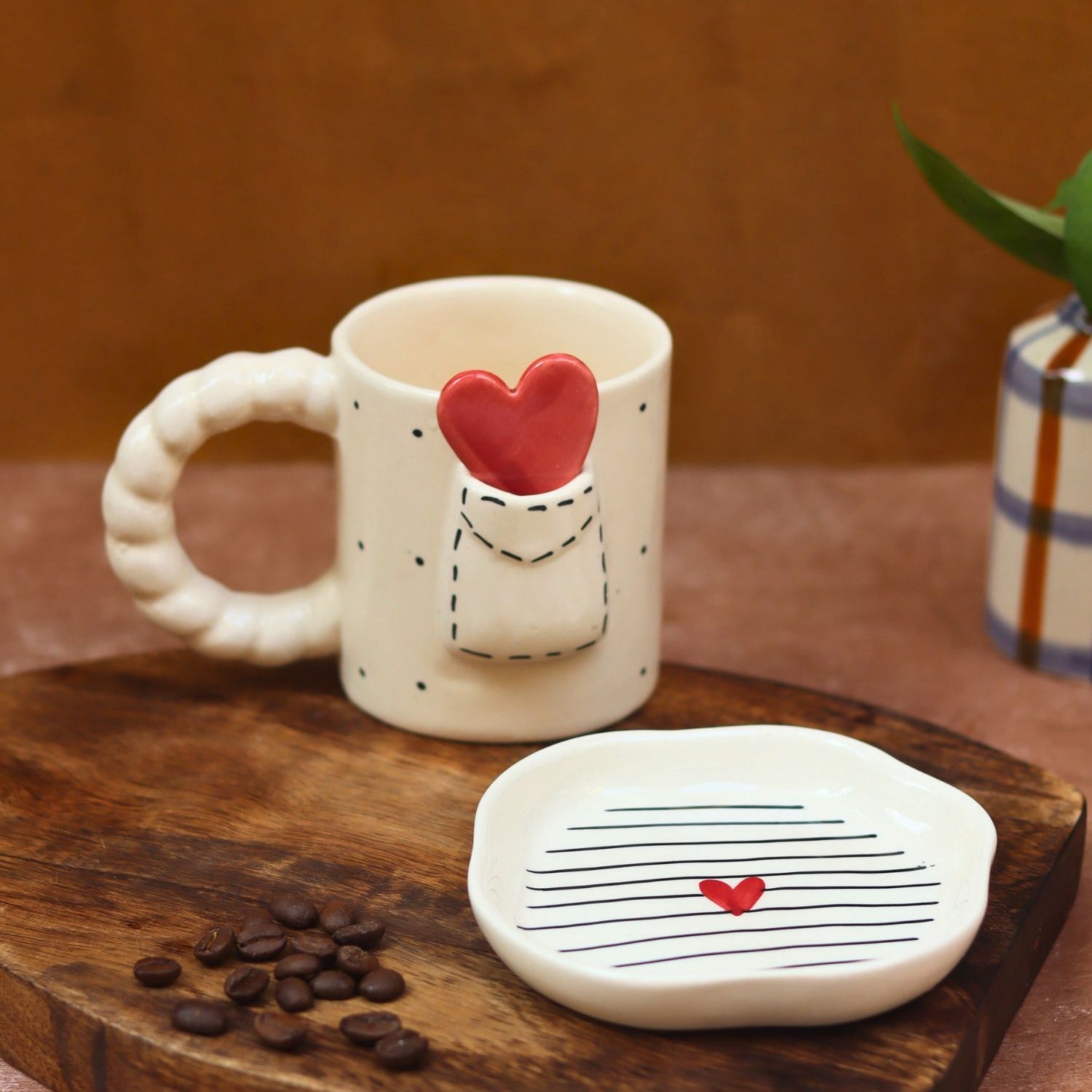 Handmade Set of 2 - Love letter mug & Striped heart Dessert plate combo