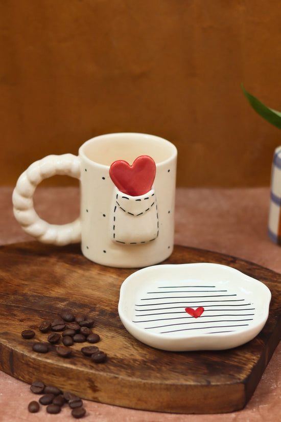 Handmade Set of 2 - Love letter mug & Striped heart Dessert plate combo