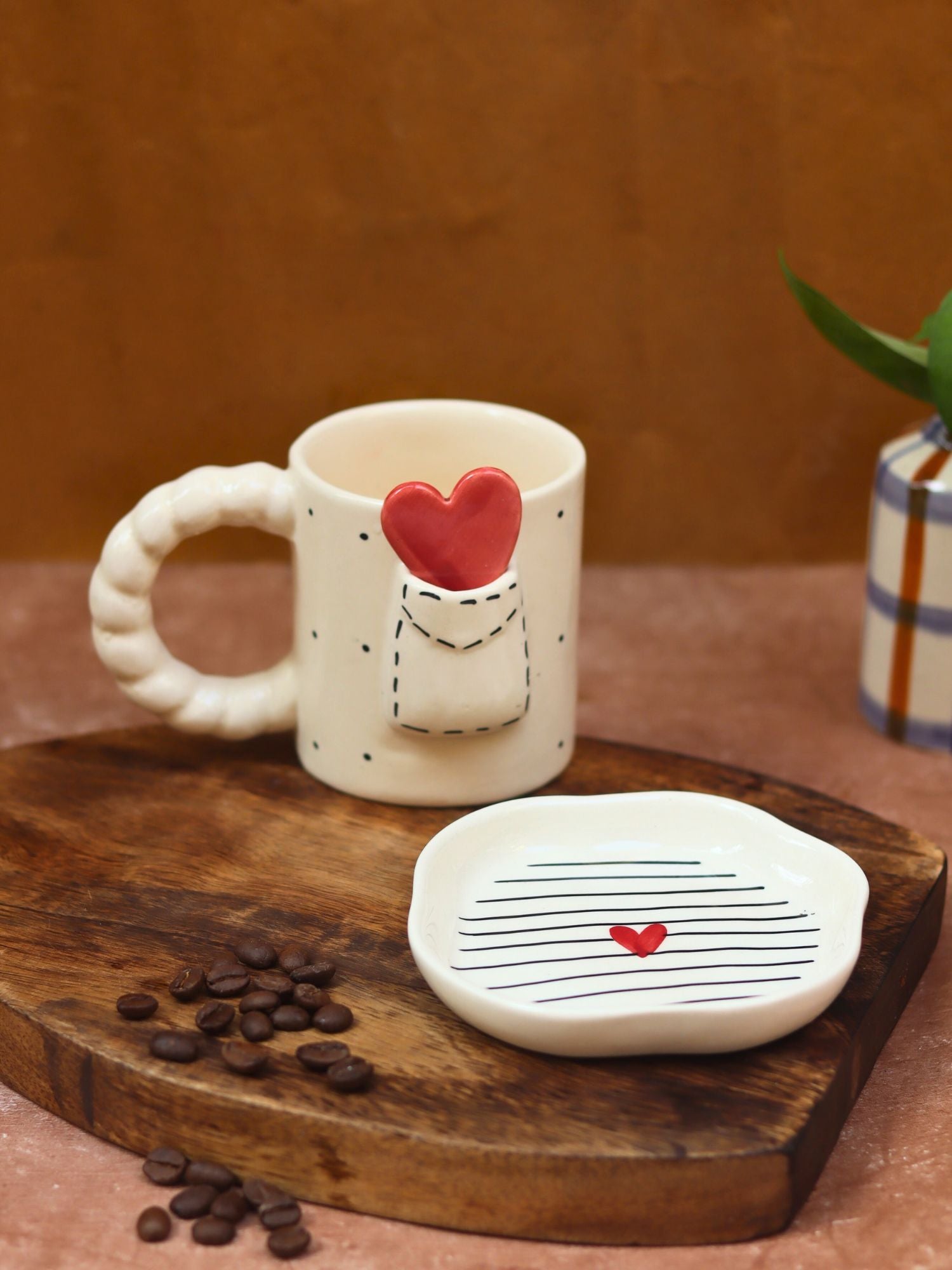 Handmade Set of 2 - Love letter mug & Striped heart Dessert plate combo