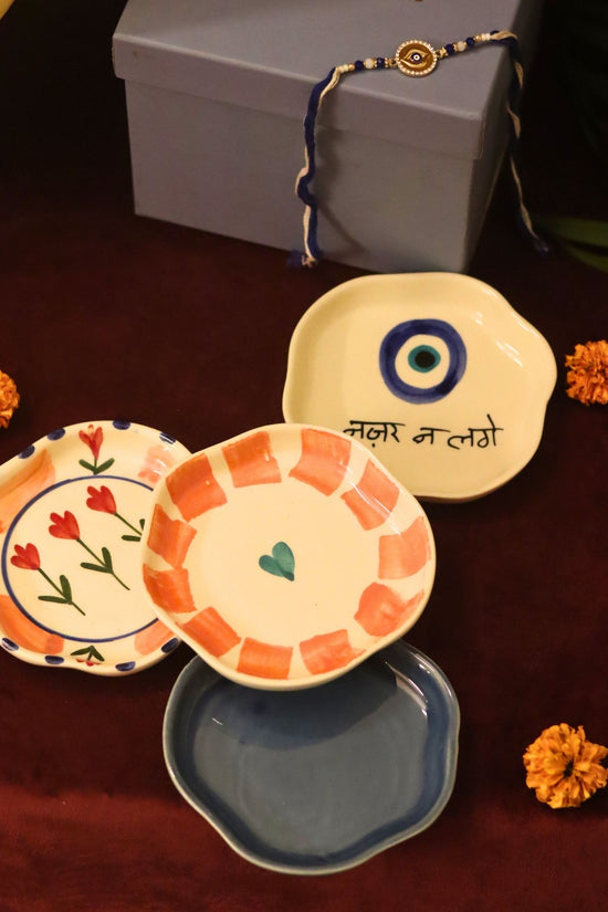 Set of 4 - Nazar, Striped heart, Peony & Metallic Blue handmade dessert plate combo rakhi Gift box handmade in India