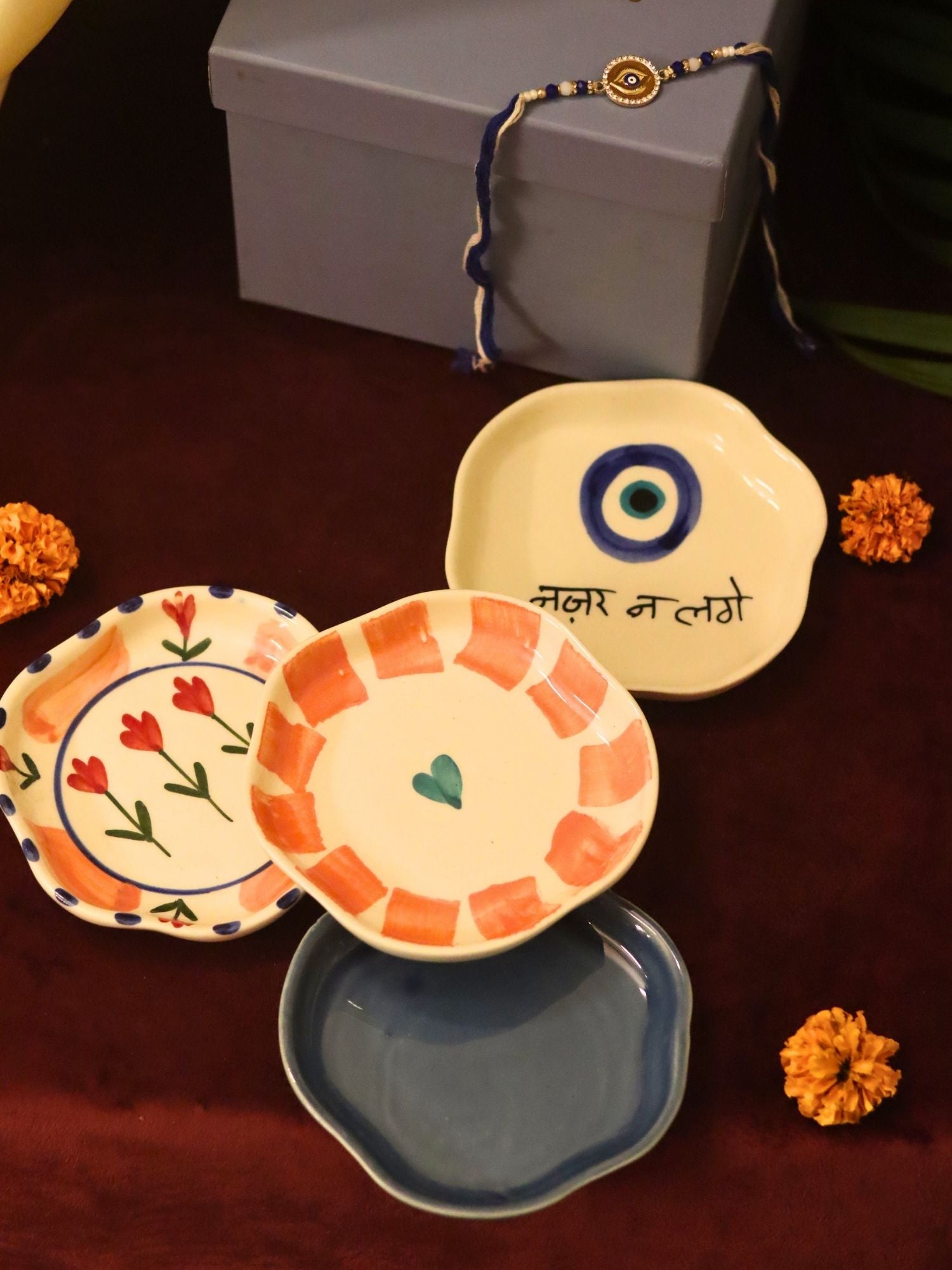 Set of 4 - Nazar, Striped heart, Peony & Metallic Blue handmade dessert plate combo rakhi Gift box handmade in India