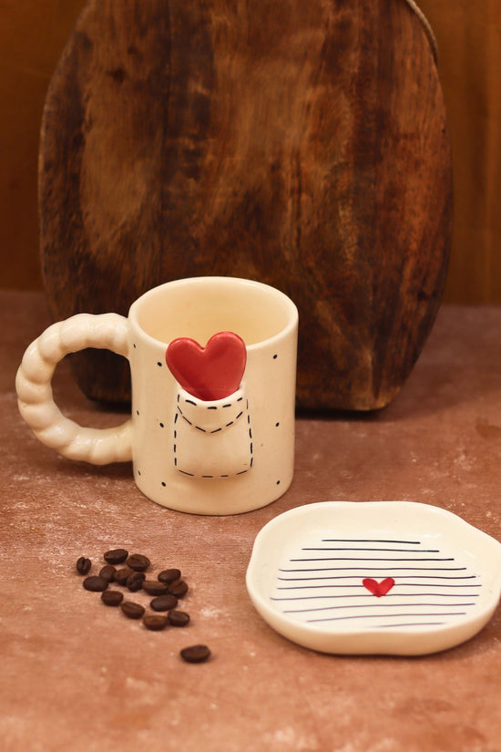 Set of 2 - Love letter mug & Striped heart Dessert plate combo made by ceramic