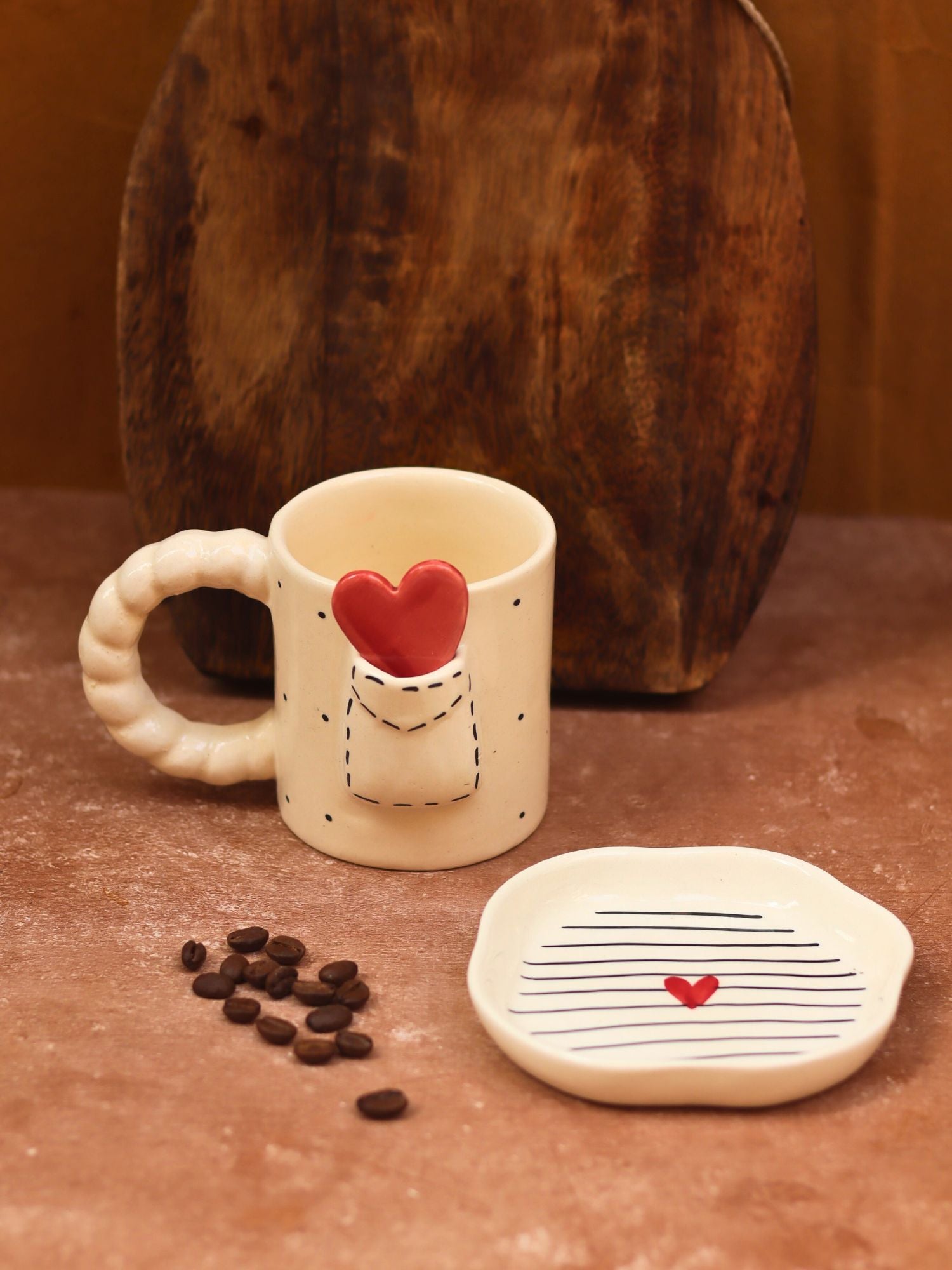 Set of 2 - Love letter mug & Striped heart Dessert plate combo made by ceramic