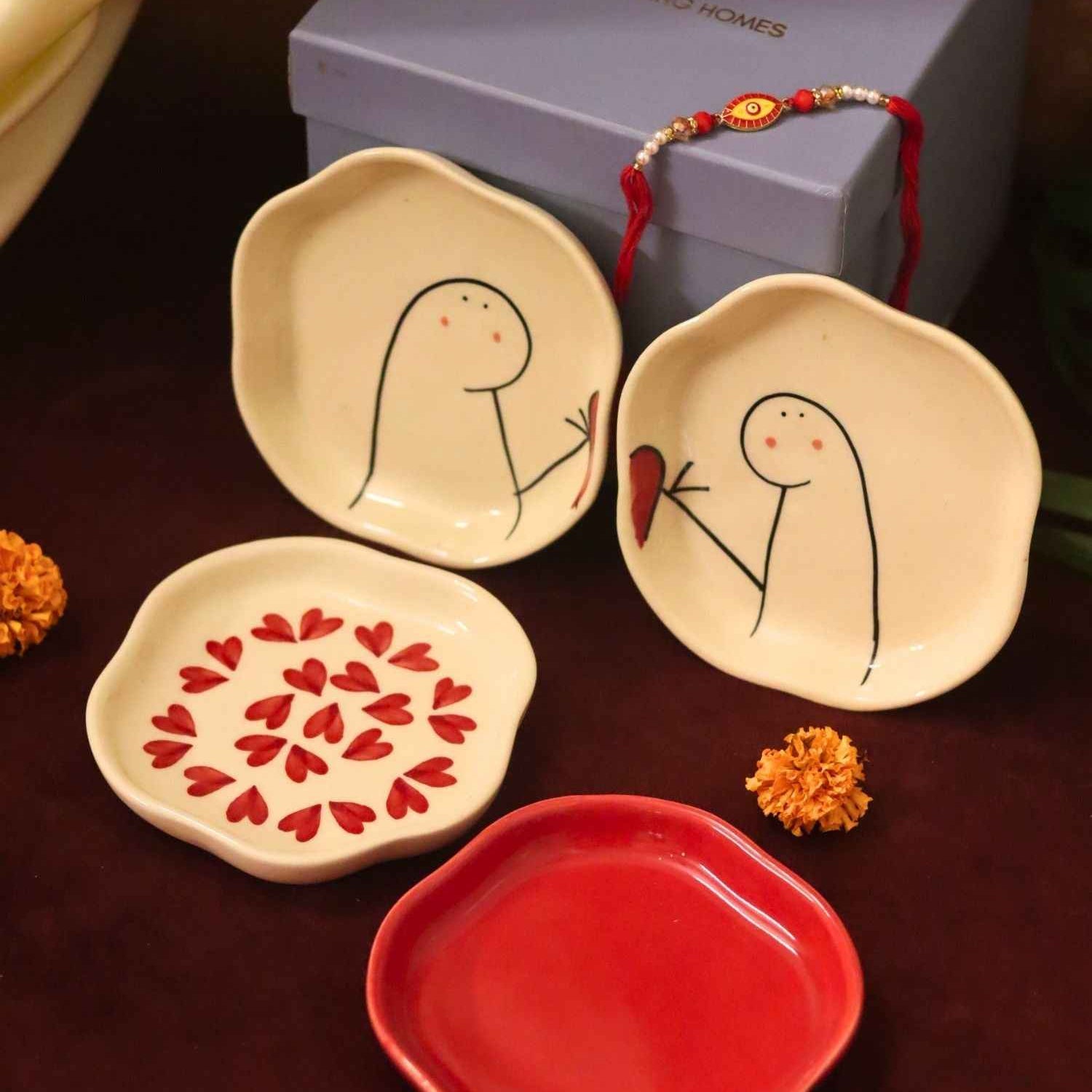 Set of 4 - Heart, Red & Hum-Tum handmade dessert plate combo Rakhi Gift box