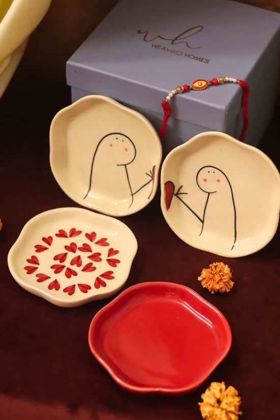 Lead free Set of 4 - Heart, Red & Hum-Tum handmade dessert plate combo Rakhi Gift box