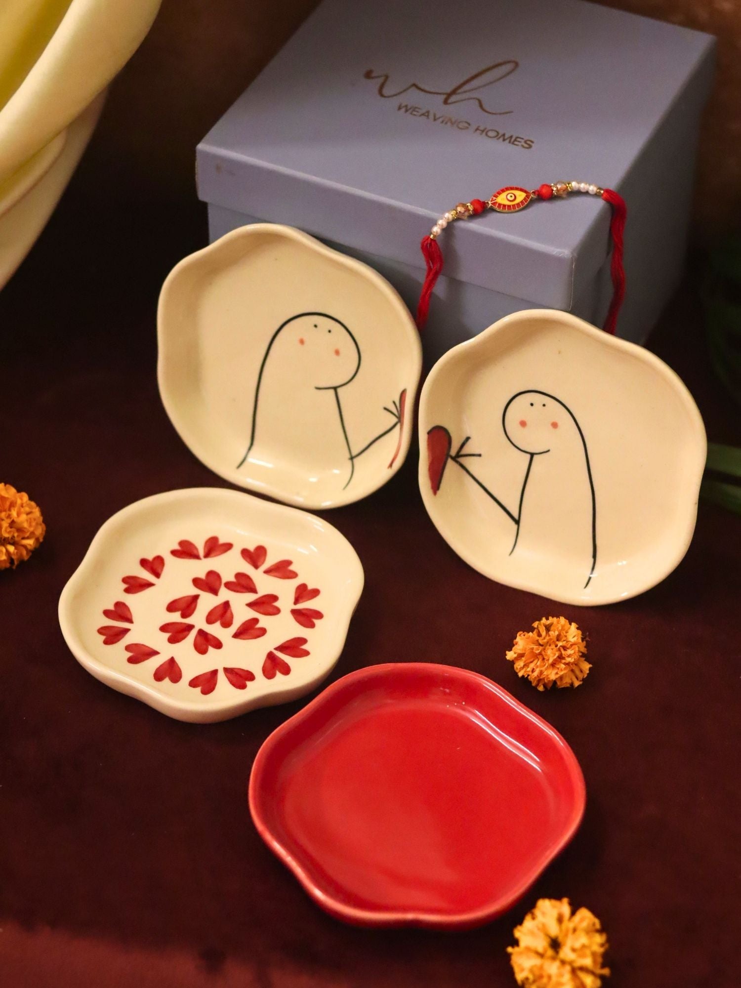 Lead free Set of 4 - Heart, Red & Hum-Tum handmade dessert plate combo Rakhi Gift box