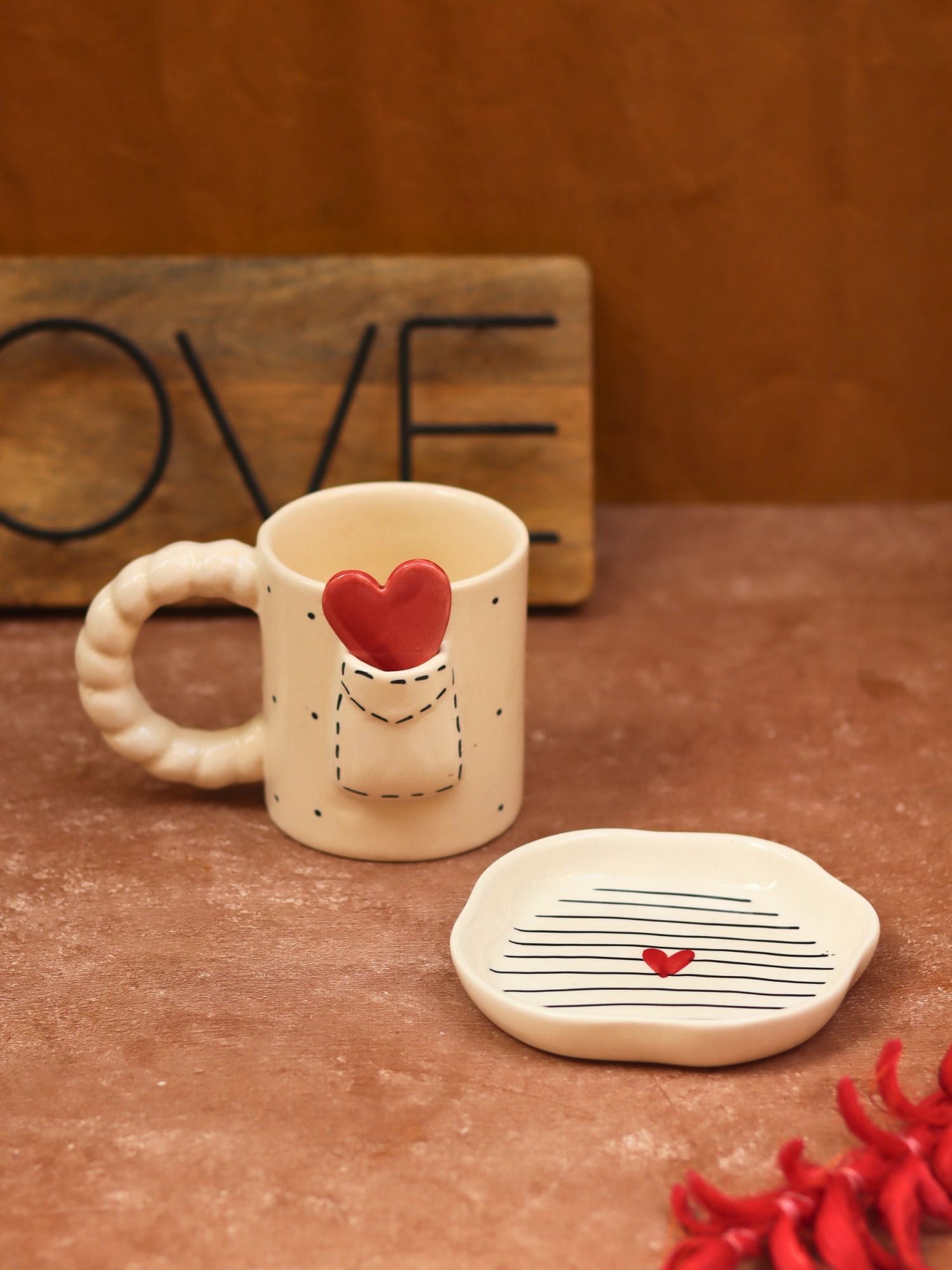 Set of 2 - Love letter mug & Striped heart Dessert plate combo with premium quality material