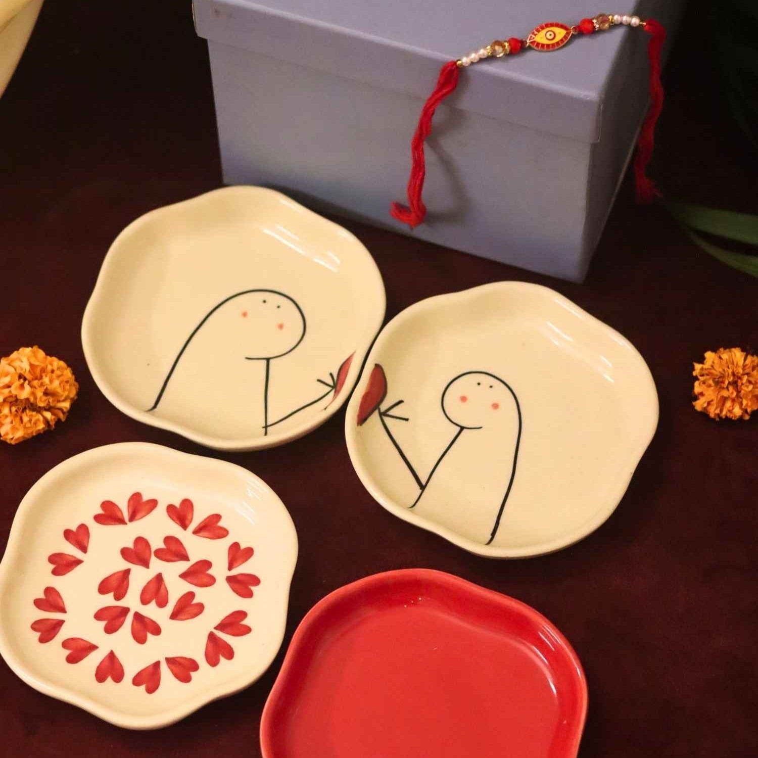 Set of 4 - Heart, Red & Hum-Tum handmade dessert plate combo Rakhi Gift box