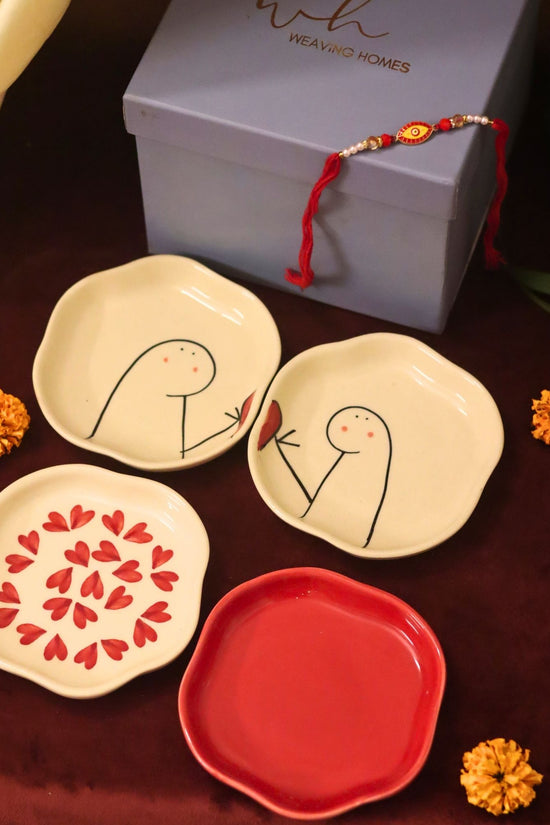 Set of 4 - Heart, Red & Hum-Tum handmade dessert plate combo Rakhi Gift box made by ceramic