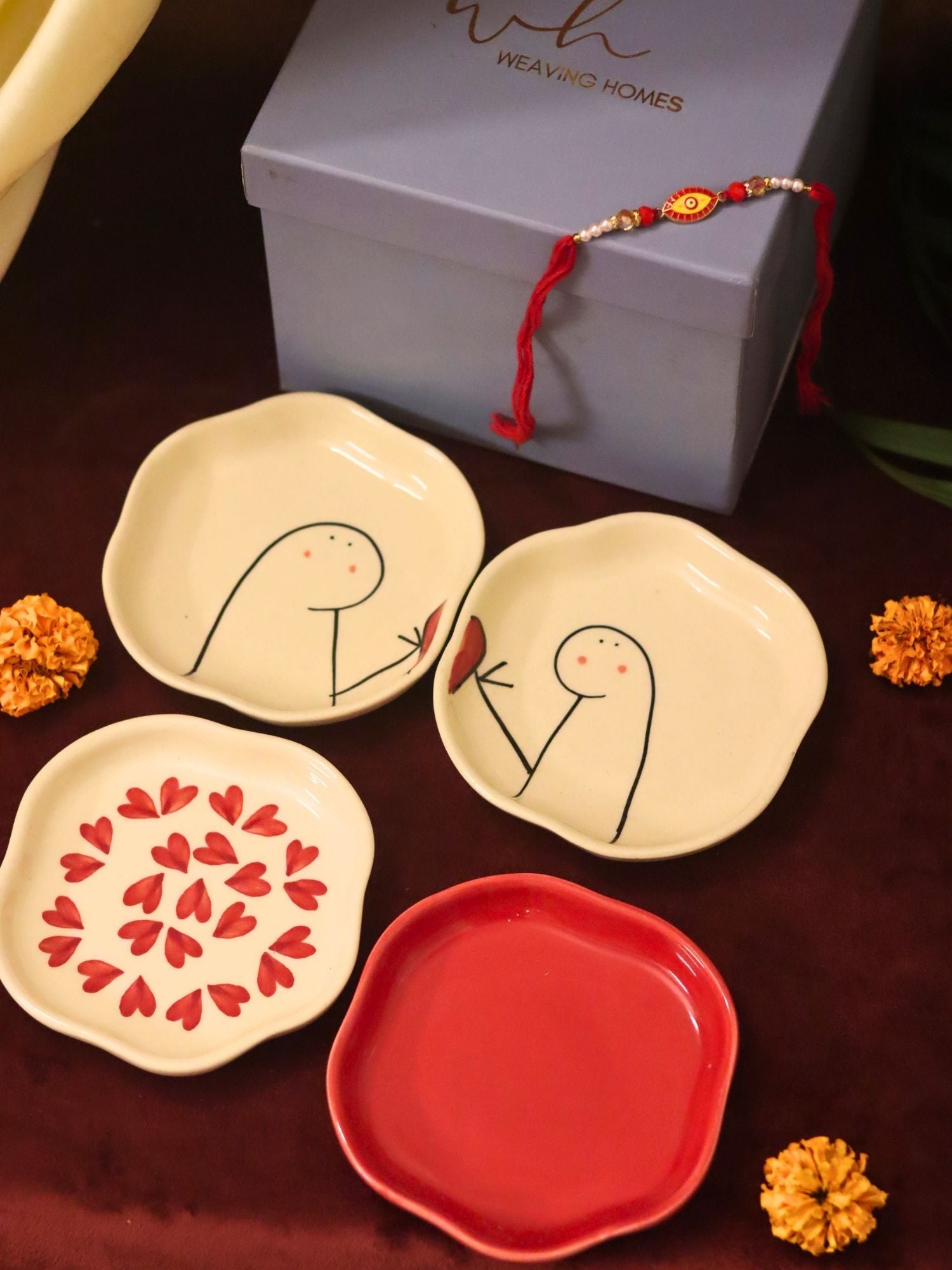 Set of 4 - Heart, Red & Hum-Tum handmade dessert plate combo Rakhi Gift box made by ceramic