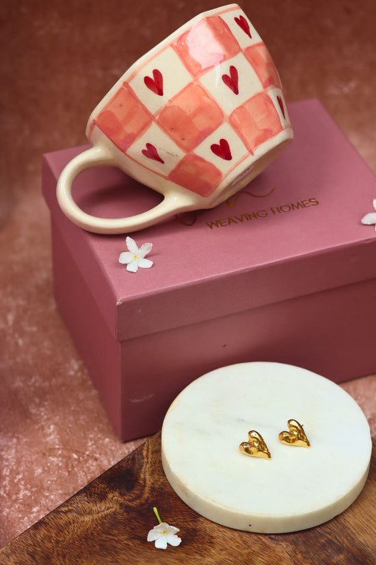Chequered heart Karva Chauth hamper with a handmade mug and a earrings set