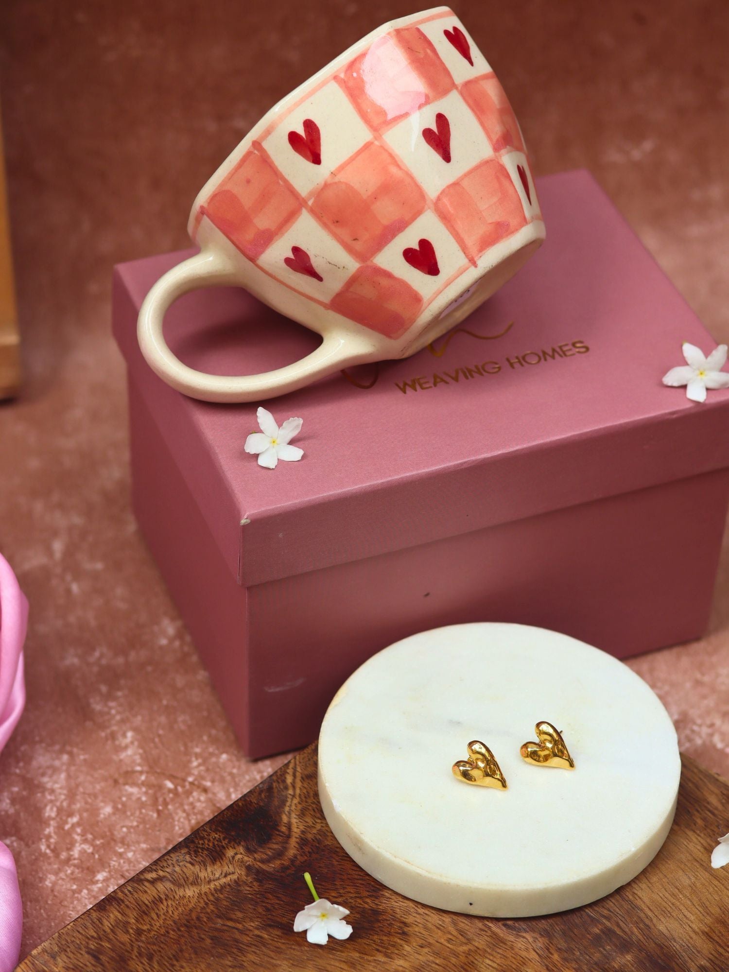 Chequered heart Karva Chauth hamper with a handmade mug and a earrings set