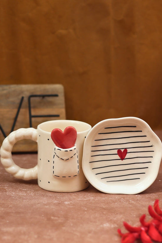Set of 2 - Love letter mug & Striped heart Dessert plate combo handmade in India