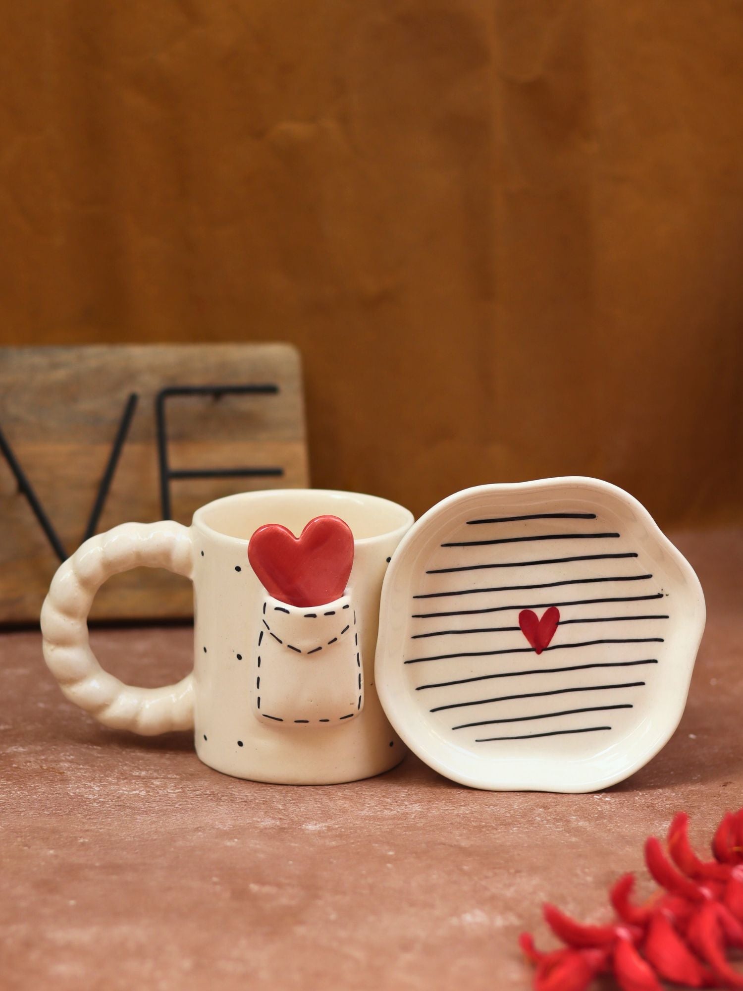 Set of 2 - Love letter mug & Striped heart Dessert plate combo handmade in India