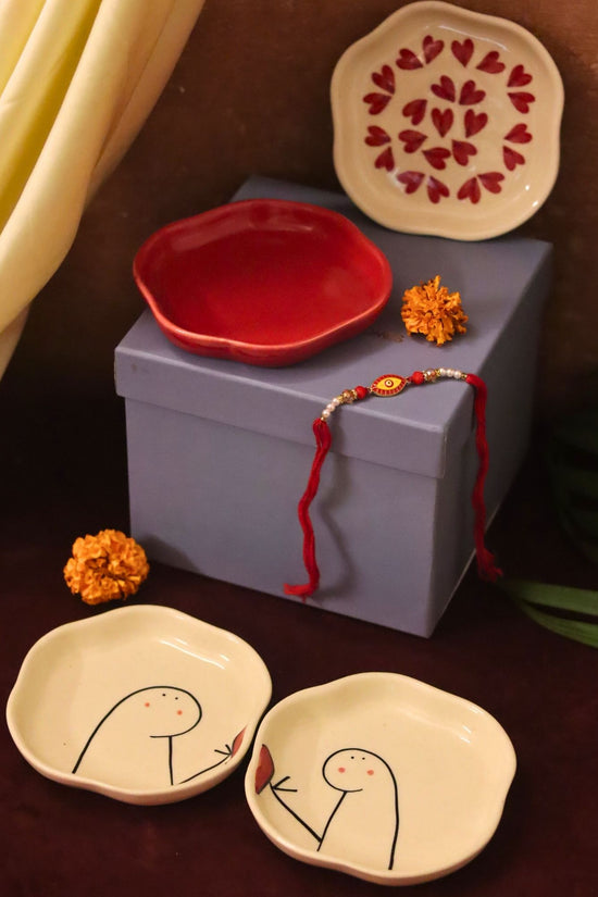 Set of 4 - Heart, Red & Hum-Tum handmade dessert plate combo Rakhi Gift box with premium quality material