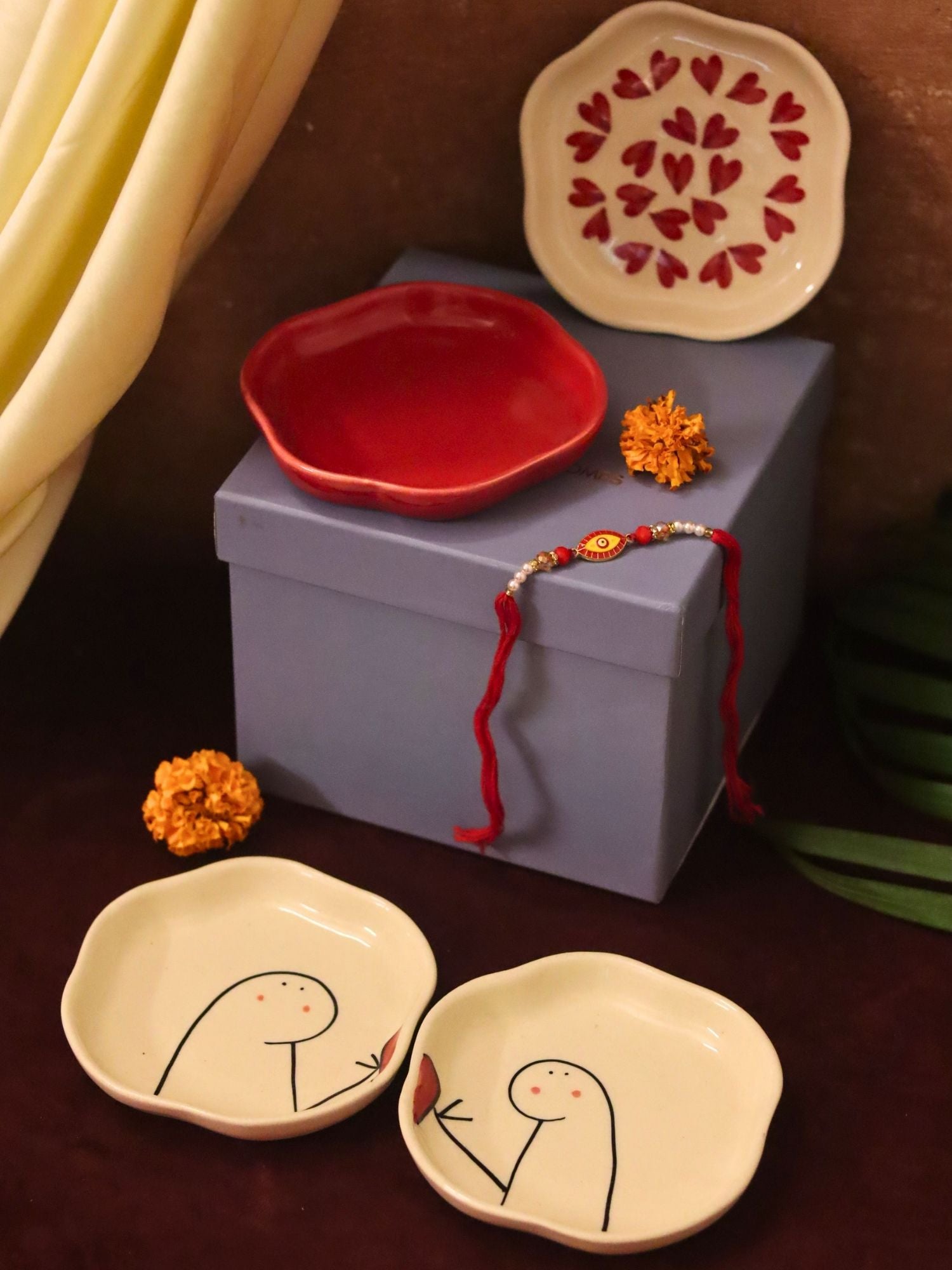 Set of 4 - Heart, Red & Hum-Tum handmade dessert plate combo Rakhi Gift box with premium quality material