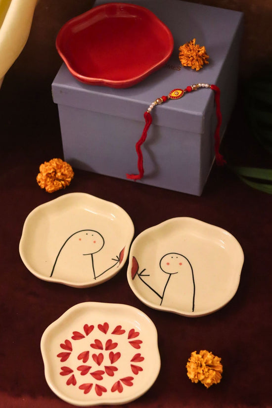 Set of 4 - Heart, Red & Hum-Tum handmade dessert plate combo Rakhi Gift box handmade in India