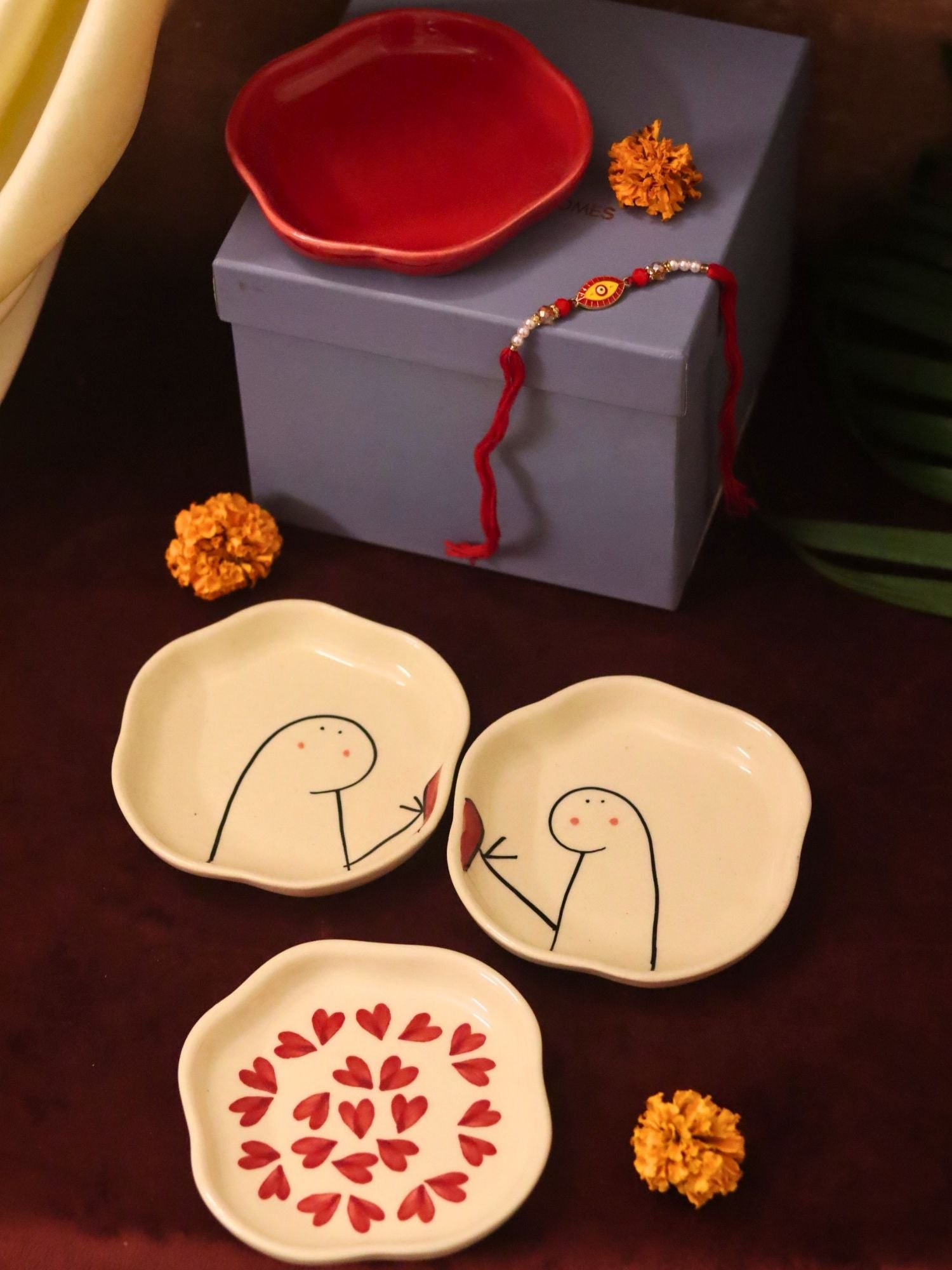 Set of 4 - Heart, Red & Hum-Tum handmade dessert plate combo Rakhi Gift box handmade in India
