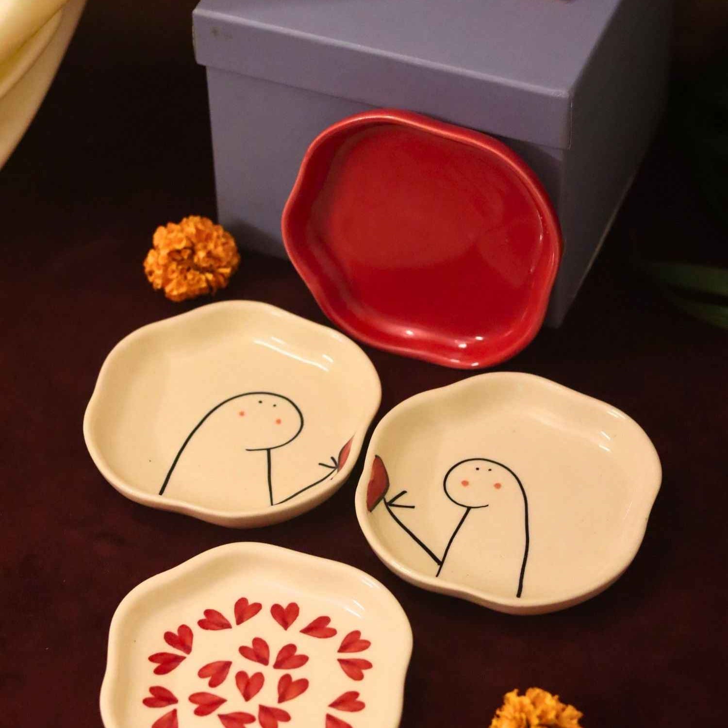 Set of 4 - Heart, Red & Hum-Tum handmade dessert plate combo in a Gift box
