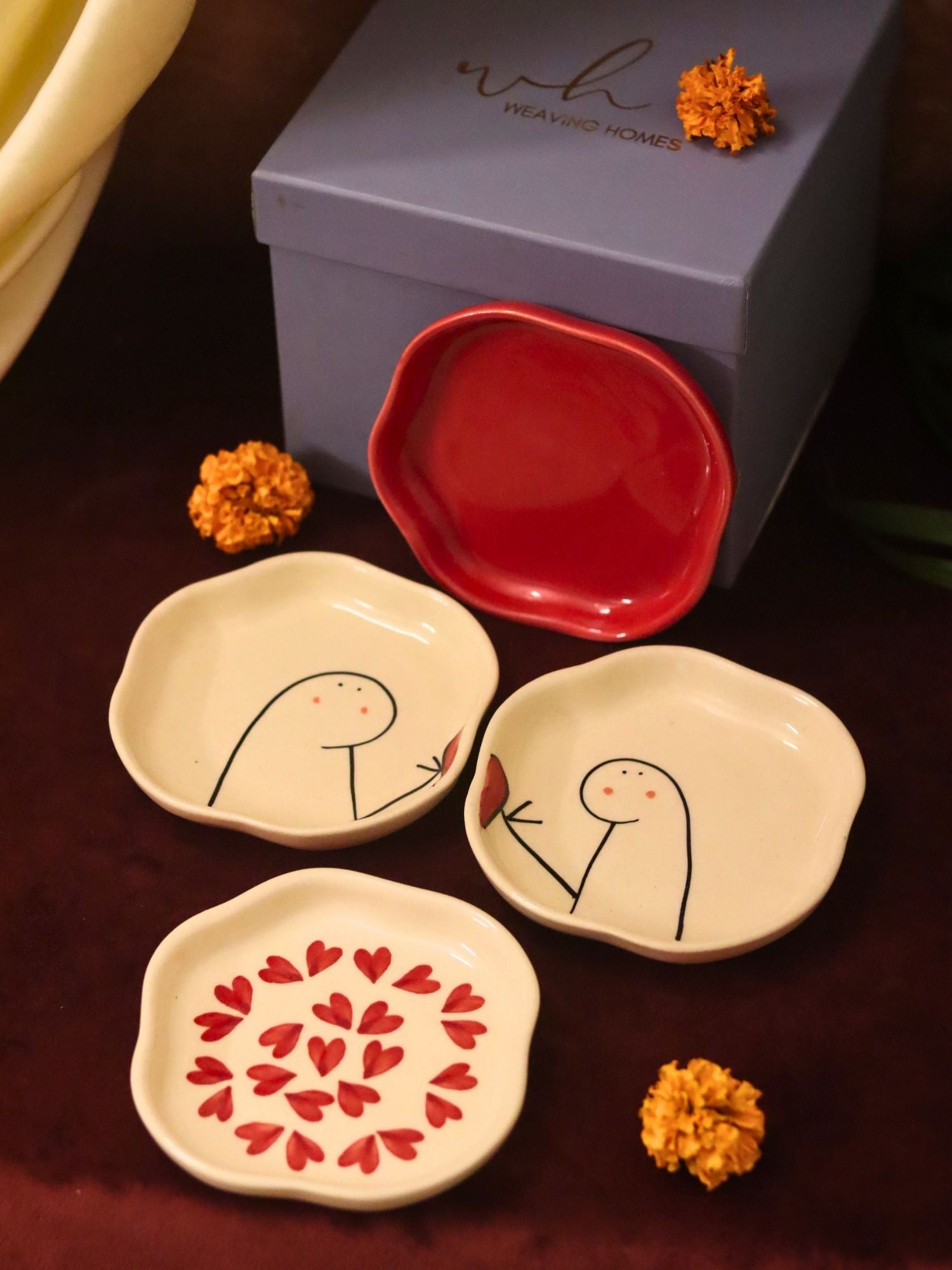 Lead free Set of 4 - Heart, Red & Hum-Tum handmade dessert plate combo in a Gift box