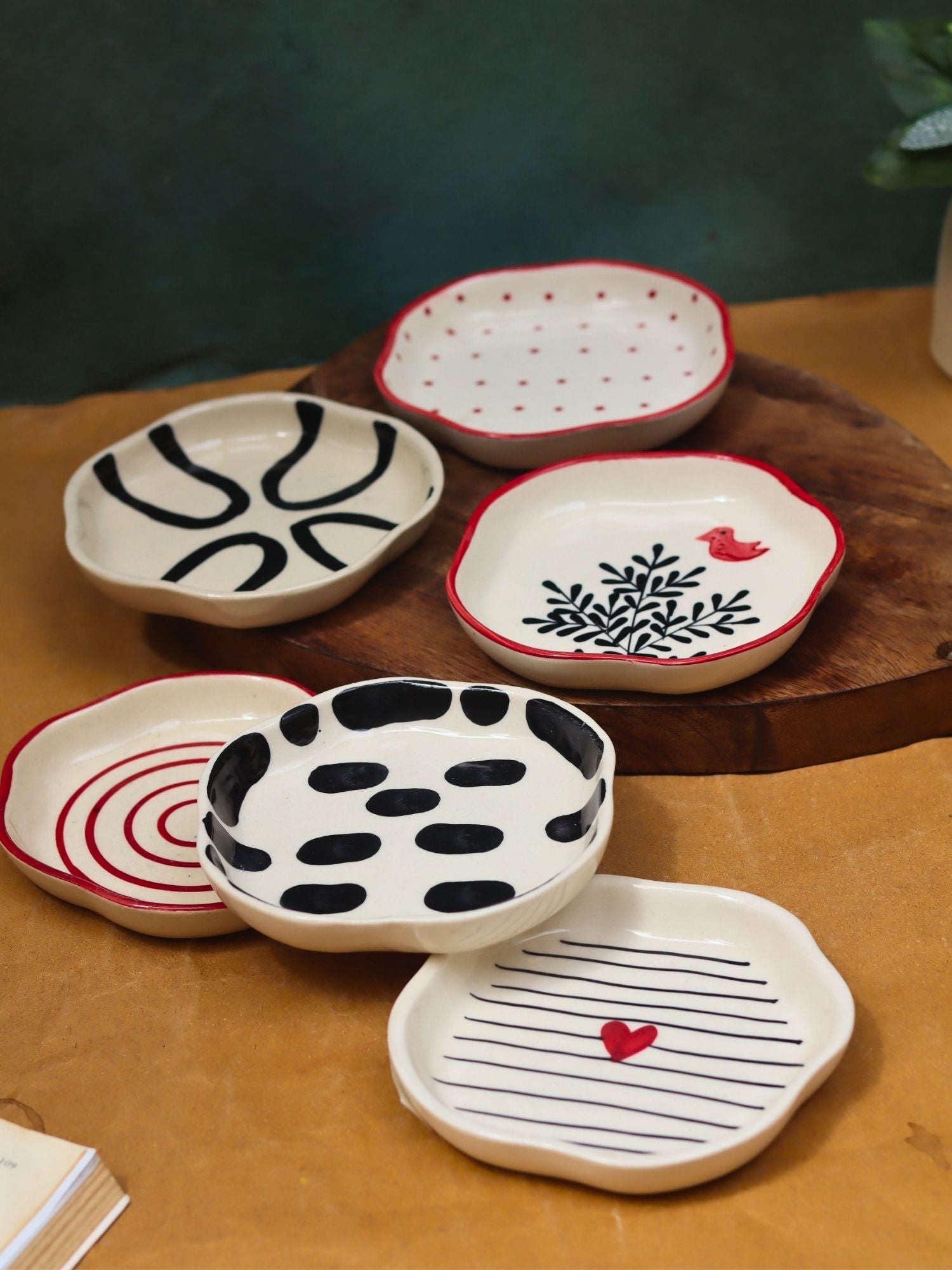 Set of 6 {red & black) handmade dessert plates (For the price of 5)