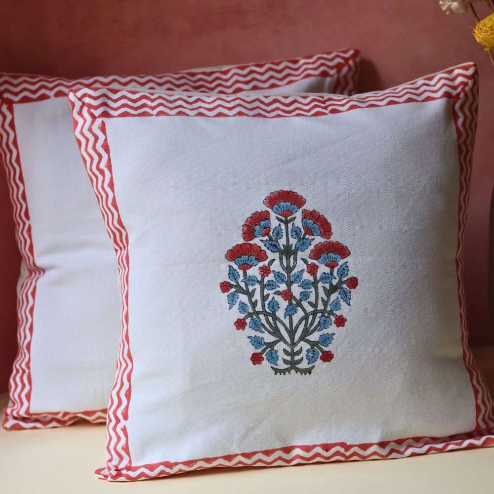 Pink Bloom Block Printed Cushion Cover