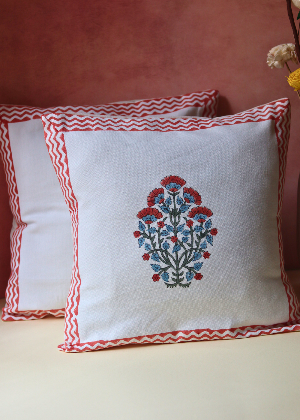 Pink Bloom Block Printed Cushion Cover