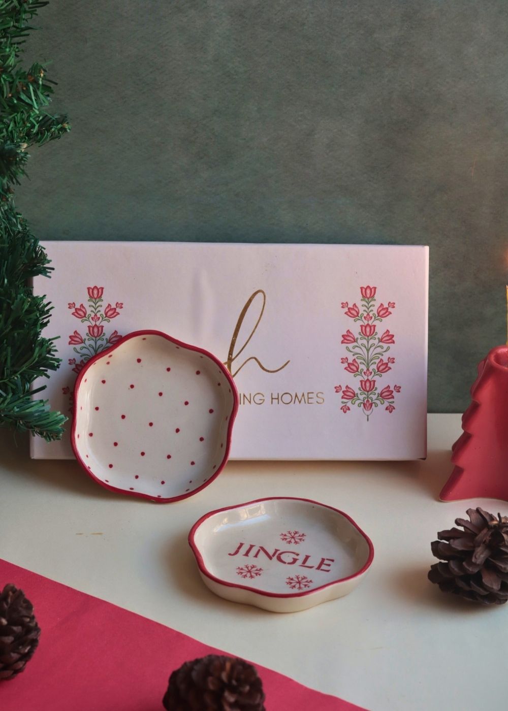 Jingle & Red Polka Handmade Dessert plate in a Gift Box handmade in india