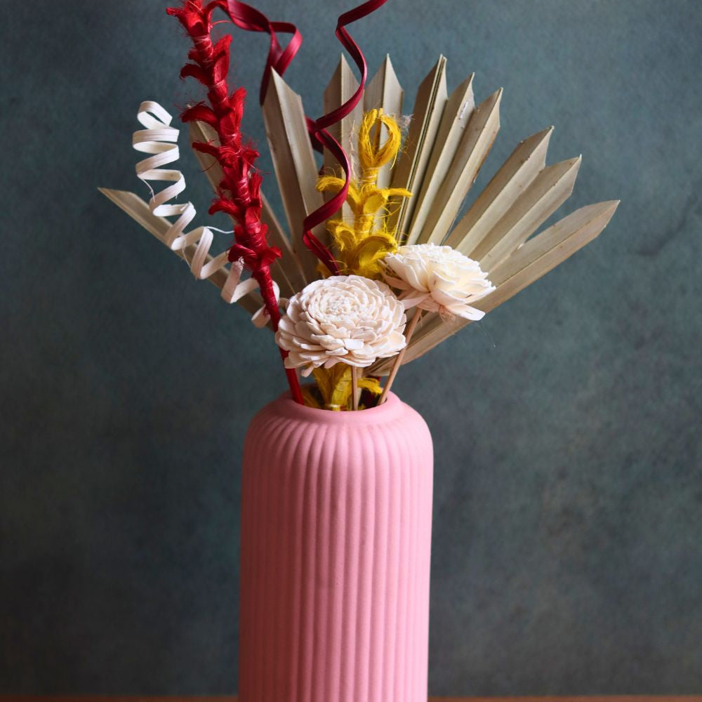 Handmade pink ribbed vase with assorted bunch combo for your home decor