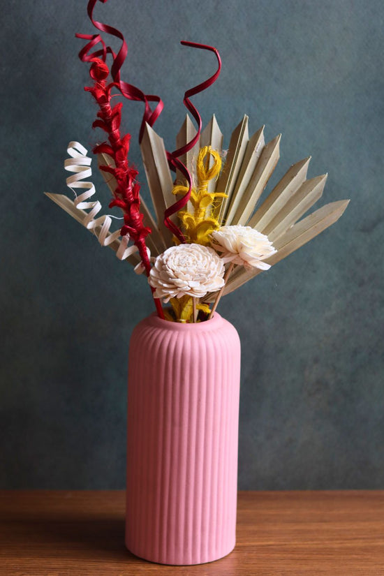 Handmade pink ribbed vase with assorted bunch combo for your home decor