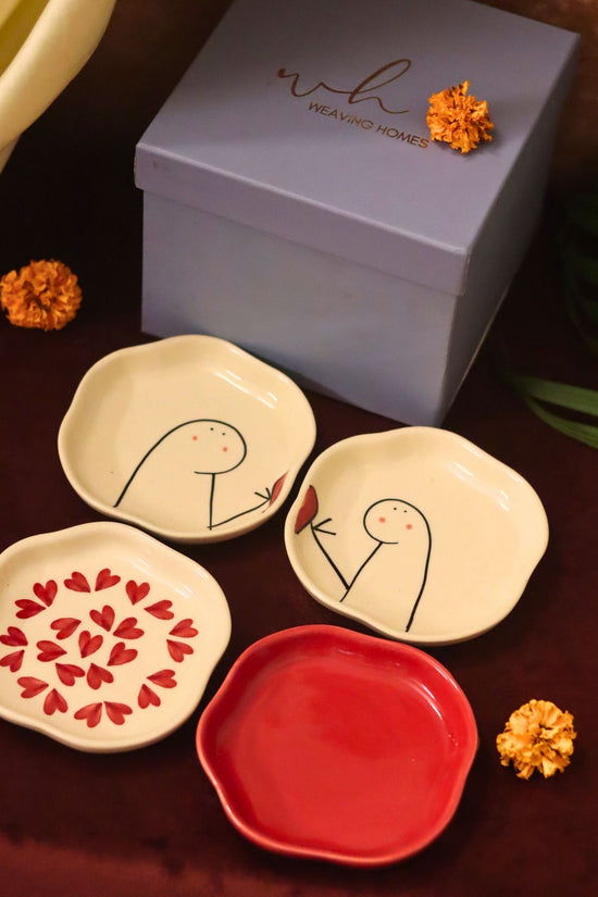 Set of 4 - Heart, Red & Hum-Tum handmade dessert plate combo in a Gift box made by ceramic