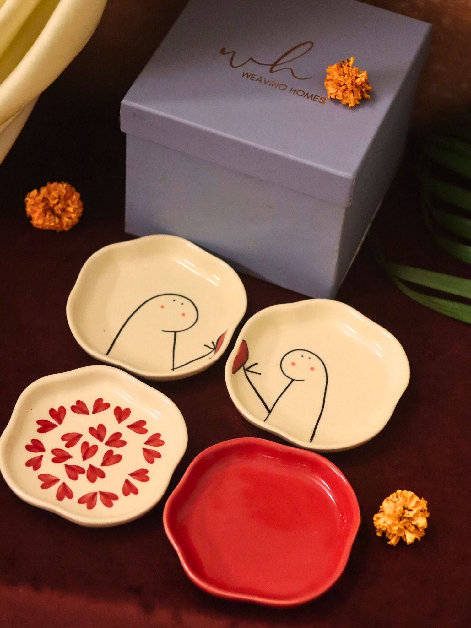 Set of 4 - Heart, Red & Hum-Tum handmade dessert plate combo in a Gift box made by ceramic