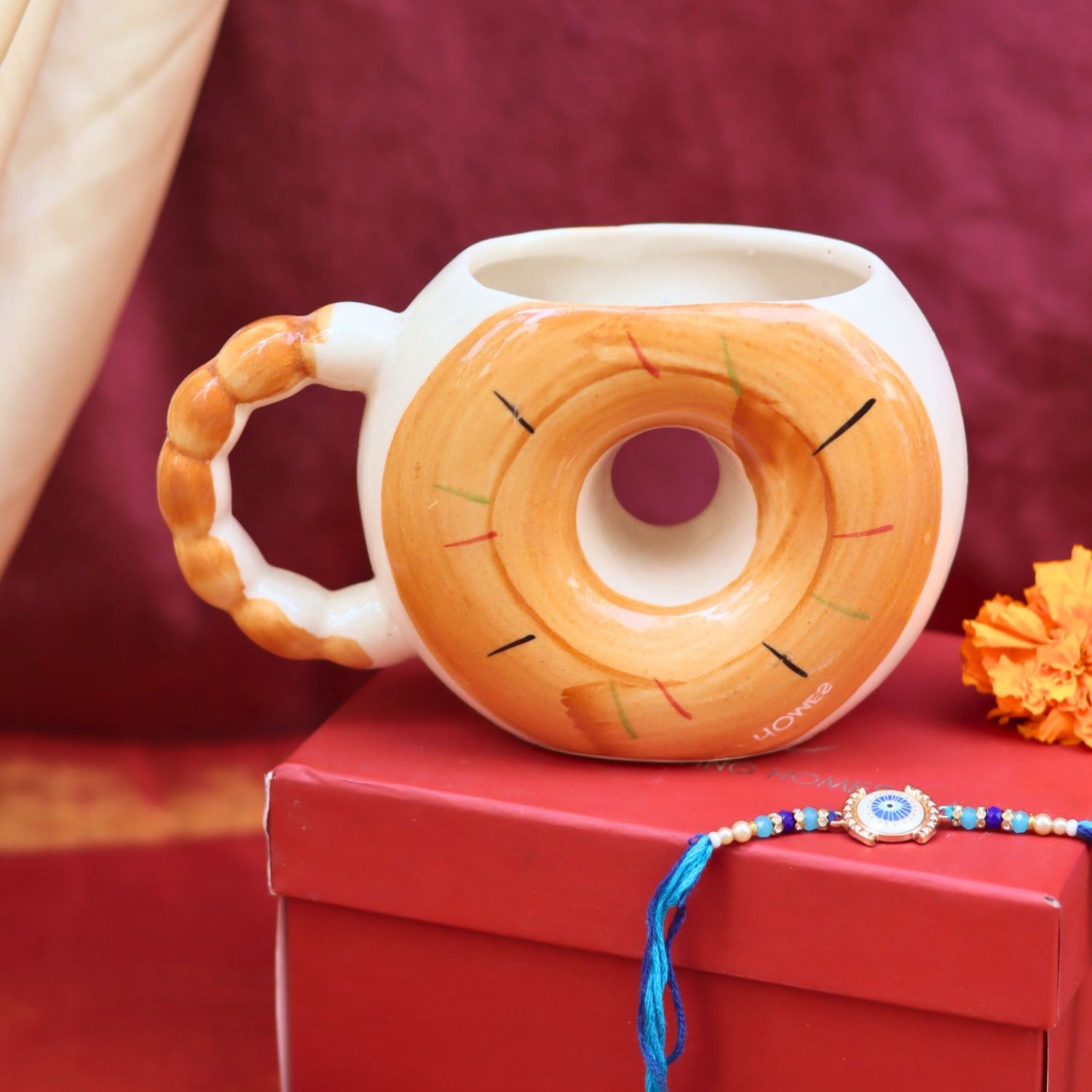 Donut Mug - Brown Rakhi Gift Box made by ceramic