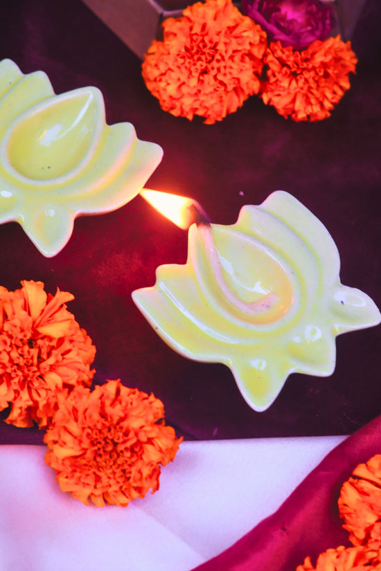 Set of 4 - Yellow Lotus Diya with premium quality material