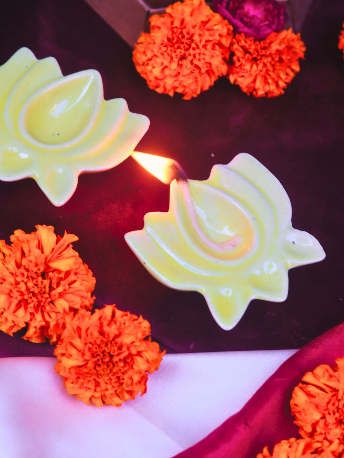 Set of 4 - Yellow Lotus Diya with premium quality material