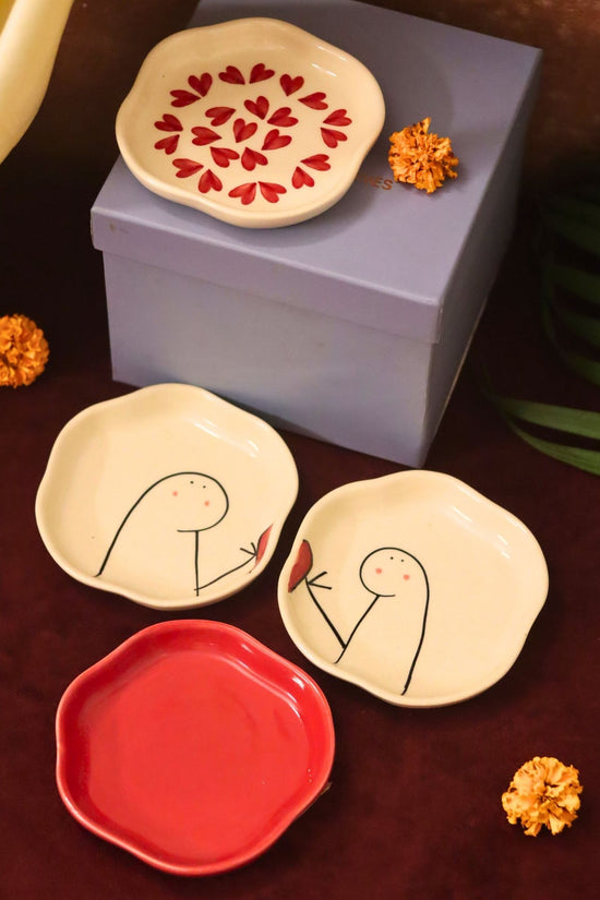Set of 4 - Heart, Red & Hum-Tum handmade dessert plate combo in a Gift box handmade in India